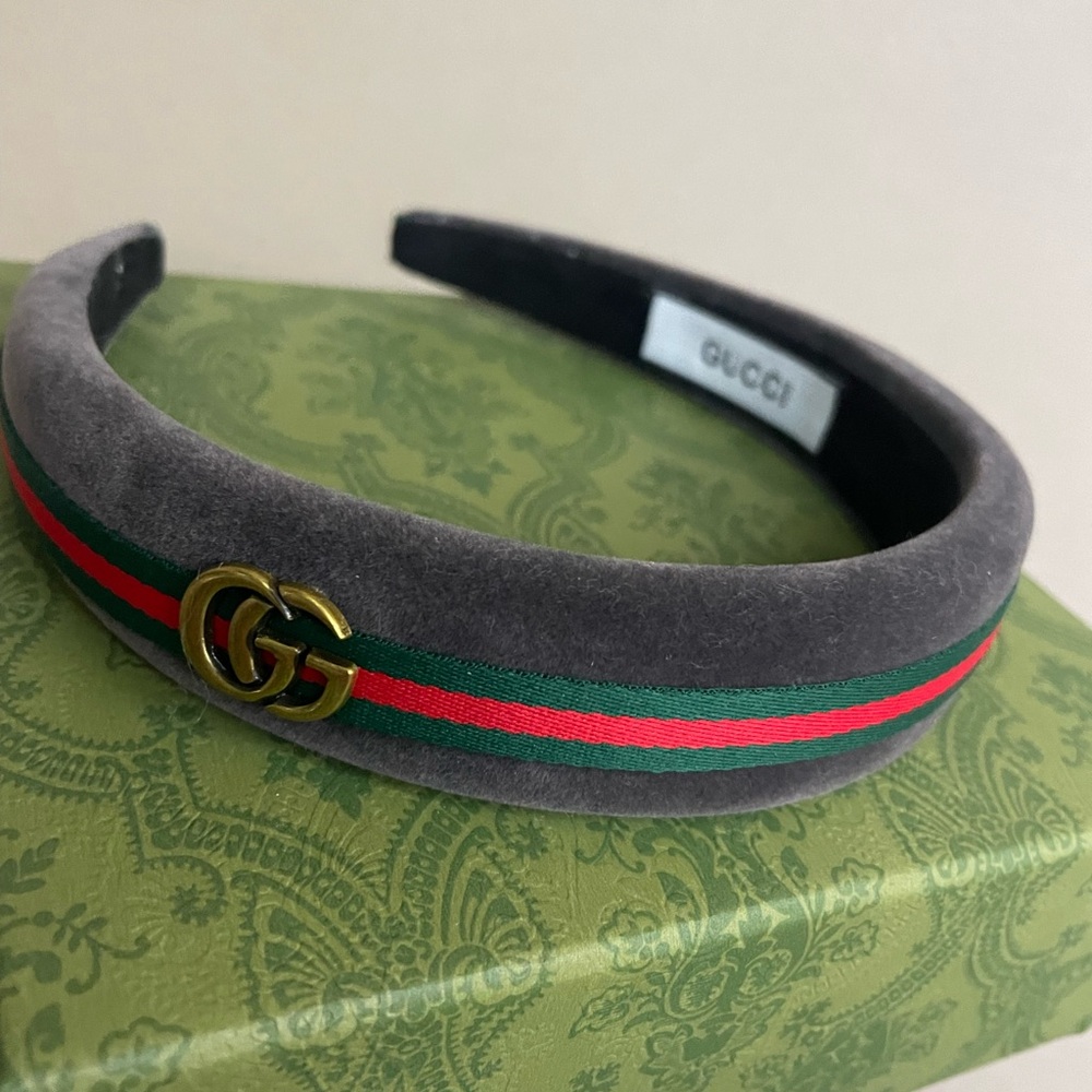 GucciGray Velvet Headband with Green and Red Stripe and Gold Double G Accent